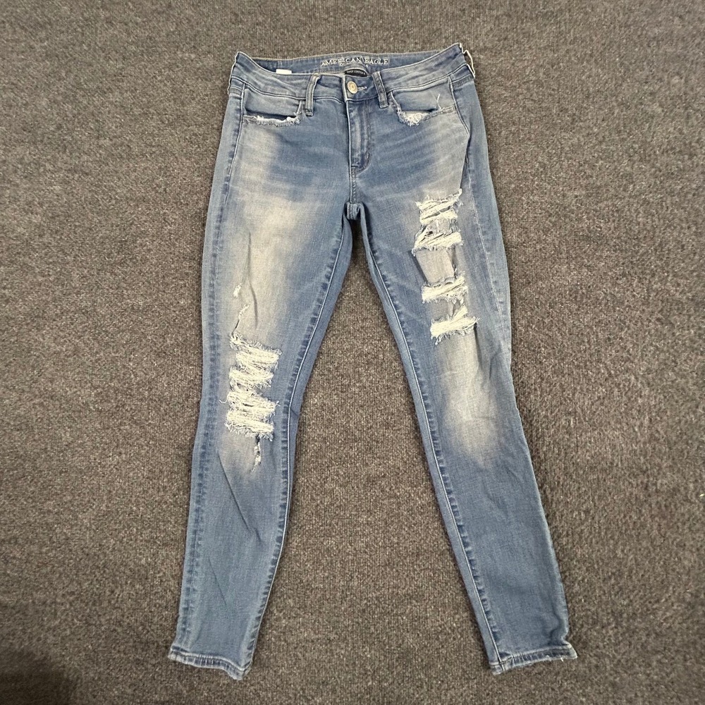 American Eagle Jeans Womens Size 6 Blue Super Stretch X Distressed Skinny Fit